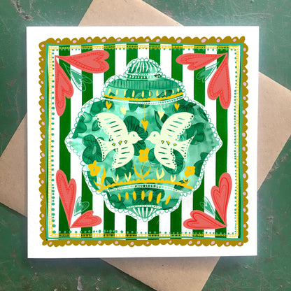 Pack of 5 - Illustrated Greetings Card (blank inside) with Kraft Brown Envelope (145mm x 145mm) - Green Baubles