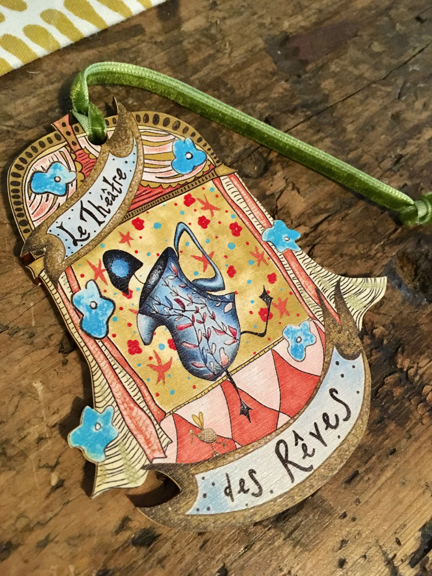 Wooden Hanging Decoration with olive green velvet ribbon - A Jug Full of Dreams