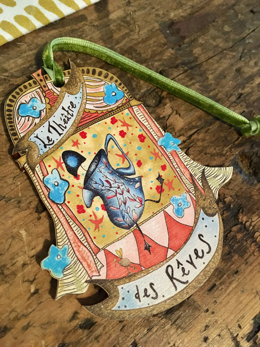 Wooden Hanging Decoration with olive green velvet ribbon - A Jug Full of Dreams