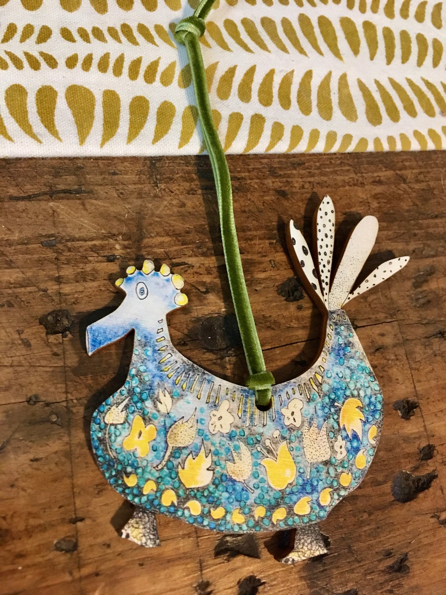 Wooden Hanging Decoration with olive green velvet ribbon - Tweet Tweet