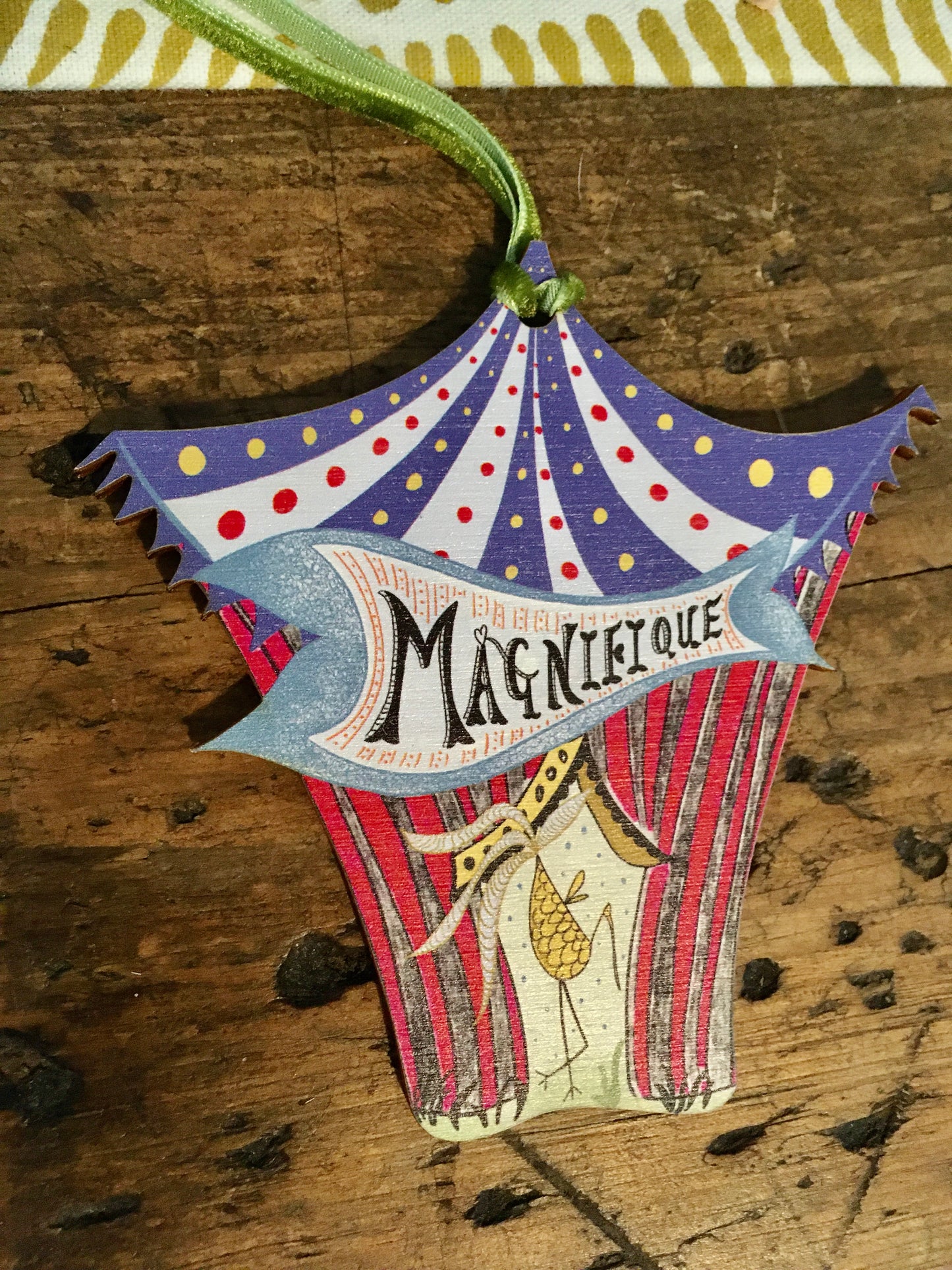 Wooden Hanging Decoration with olive green velvet ribbon - More Magnifique