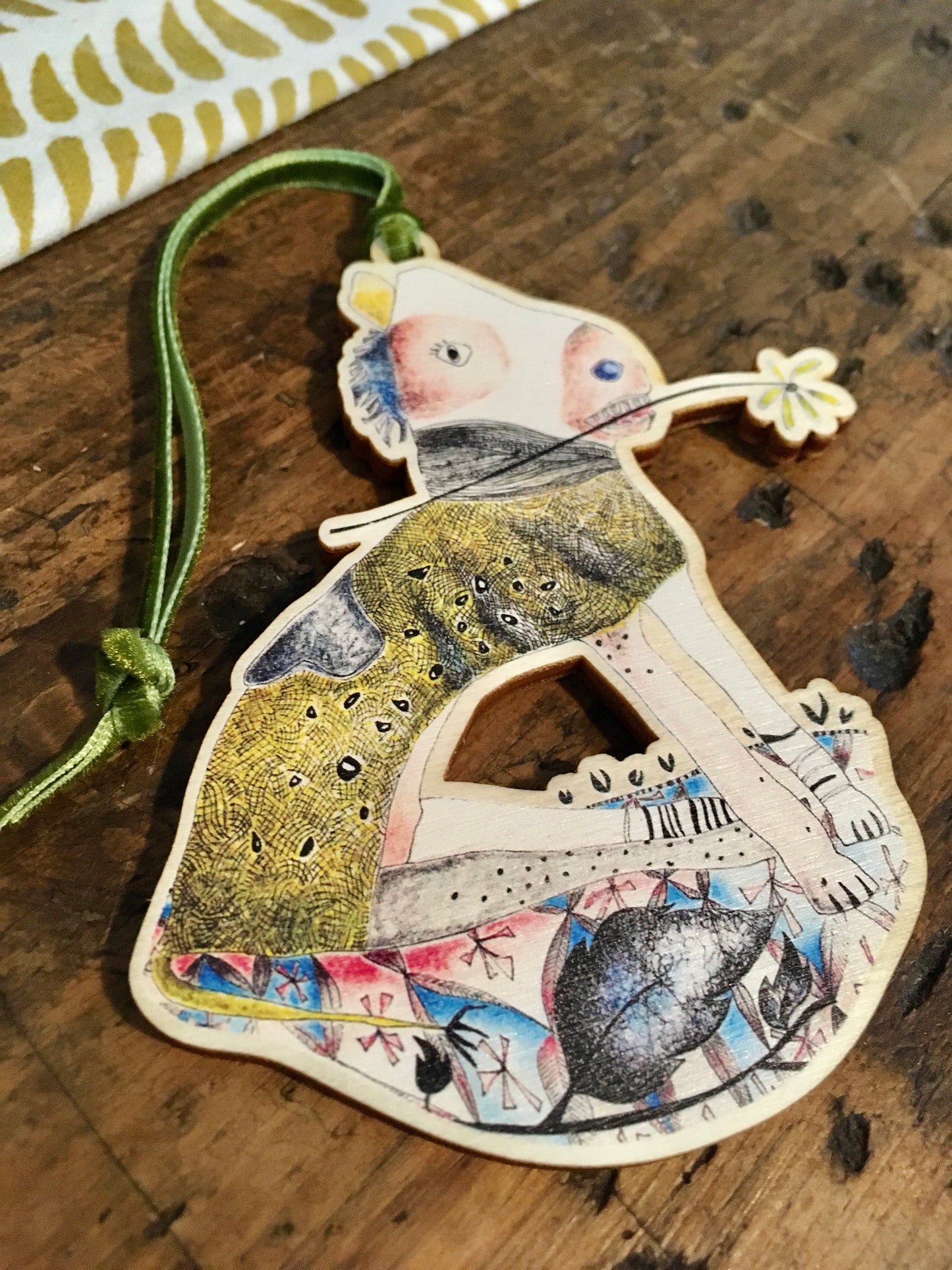 Wooden Hanging Decoration with olive green velvet ribbon - A Horse With No Name