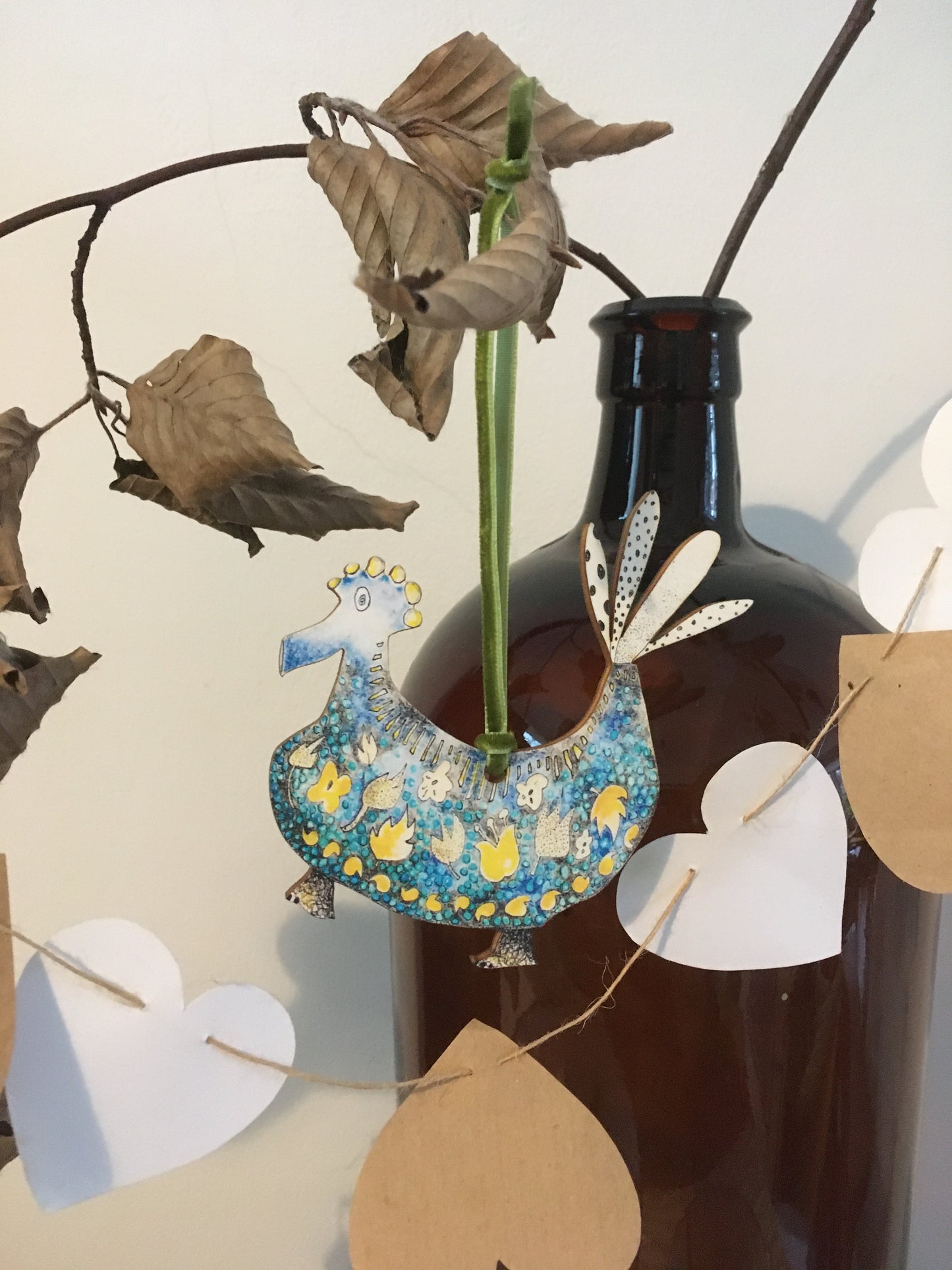 Wooden Hanging Decoration with olive green velvet ribbon - Tweet Tweet