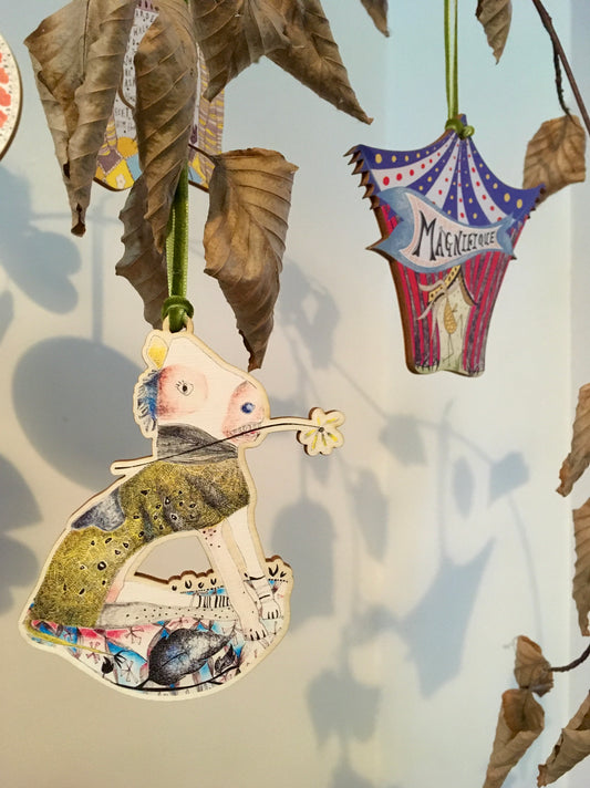 Wooden Hanging Decoration with olive green velvet ribbon - A Horse With No Name