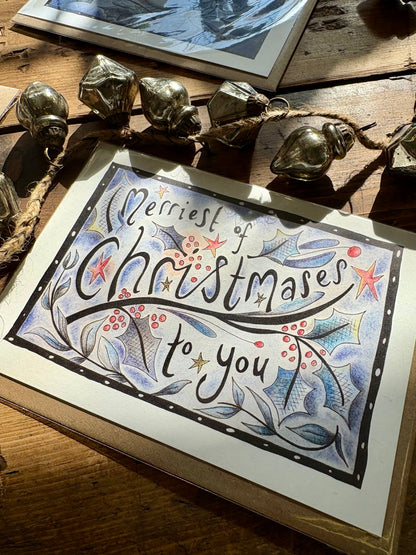 Pack of 5 - Illustrated Greetings Card (blank inside) with Kraft Brown Envelope (127mm x 177mm) - The Merriest of Christmases (Copy)