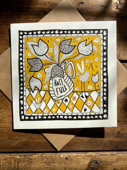 Illustrated Greetings Card (blank inside) with Kraft Brown Envelope (145mm x 145mm) - A Glass Half Full (Yellow)