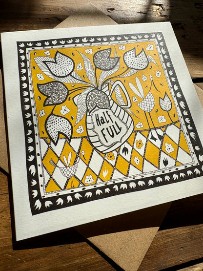 Illustrated Greetings Card (blank inside) with Kraft Brown Envelope (145mm x 145mm) - A Glass Half Full (Yellow)