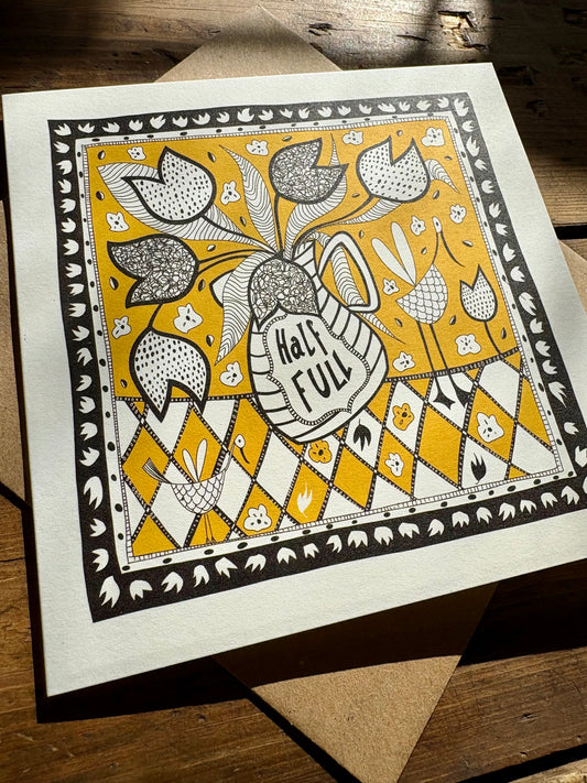 Illustrated Greetings Card (blank inside) with Kraft Brown Envelope (145mm x 145mm) - A Glass Half Full (Yellow)