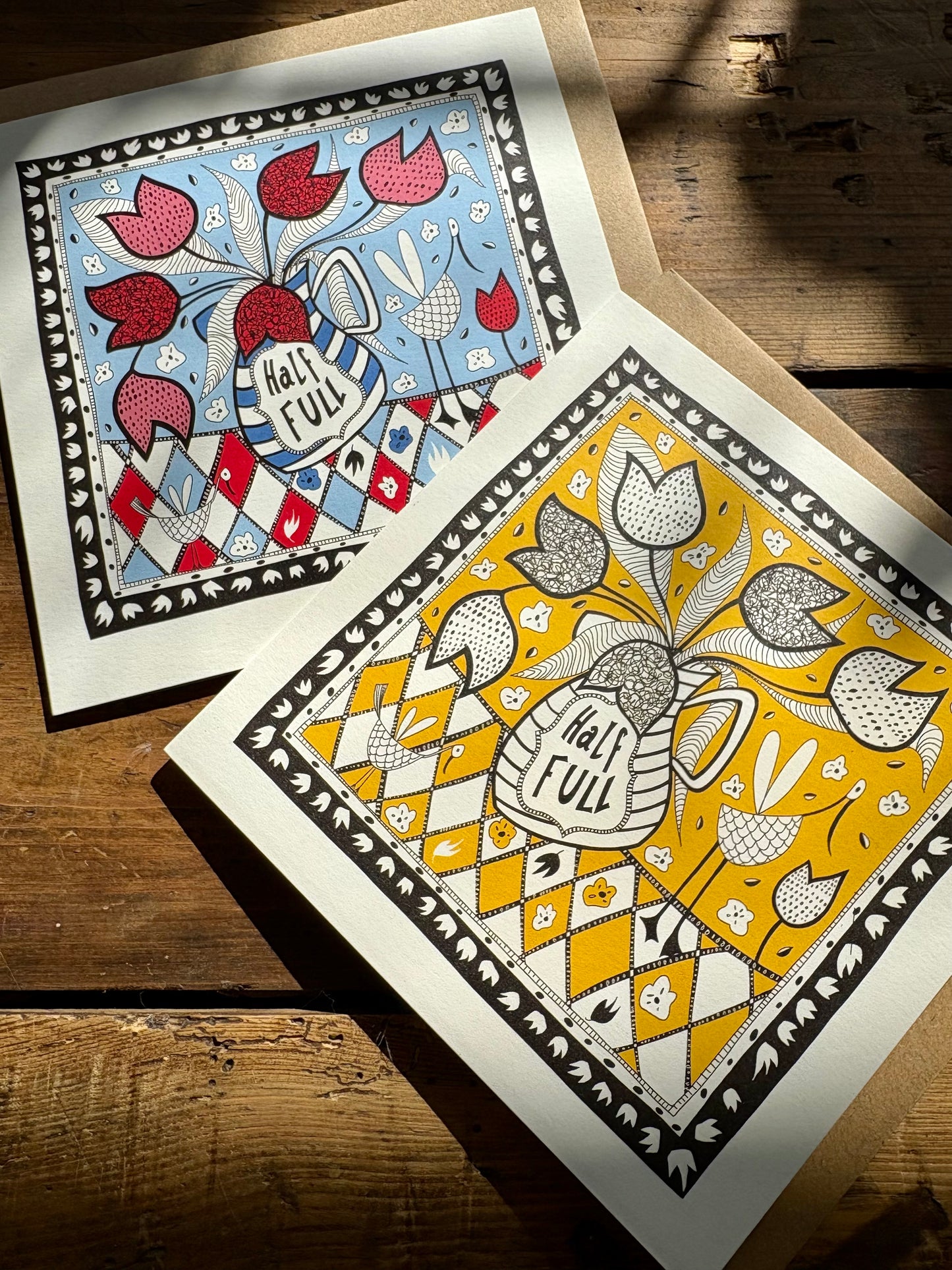 Illustrated Greetings Card (blank inside) with Kraft Brown Envelope (145mm x 145mm) - A Glass Half Full (Yellow)