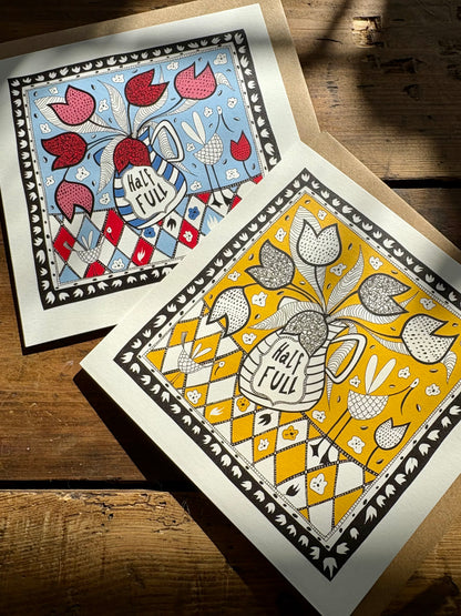 Illustrated Greetings Card (blank inside) with Kraft Brown Envelope (145mm x 145mm) - A Glass Half Full (Yellow)