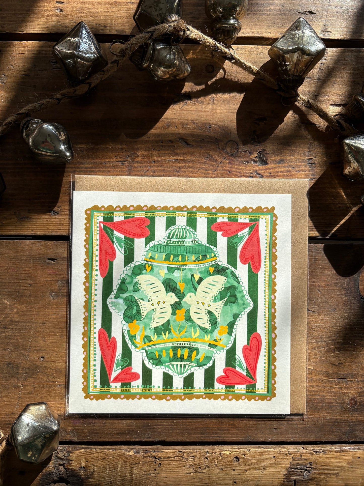 Pack of 5 - Illustrated Greetings Card (blank inside) with Kraft Brown Envelope (145mm x 145mm) - Green Baubles