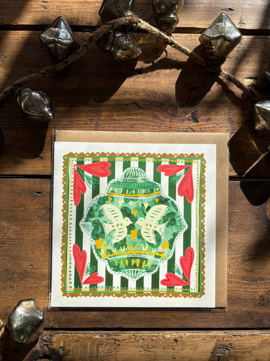 Illustrated Greetings Card (blank inside) with Kraft Brown Envelope (145mm x 145mm) - Green Baubles