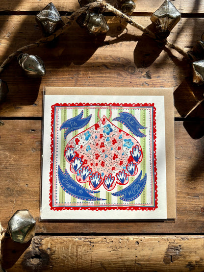 Pack of 5 - Illustrated Greetings Card (blank inside) with Kraft Brown Envelope (145mm x 145mm) - Red Baubles