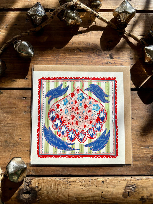 Illustrated Greetings Card (blank inside) with Kraft Brown Envelope (145mm x 145mm) - Red Baubles