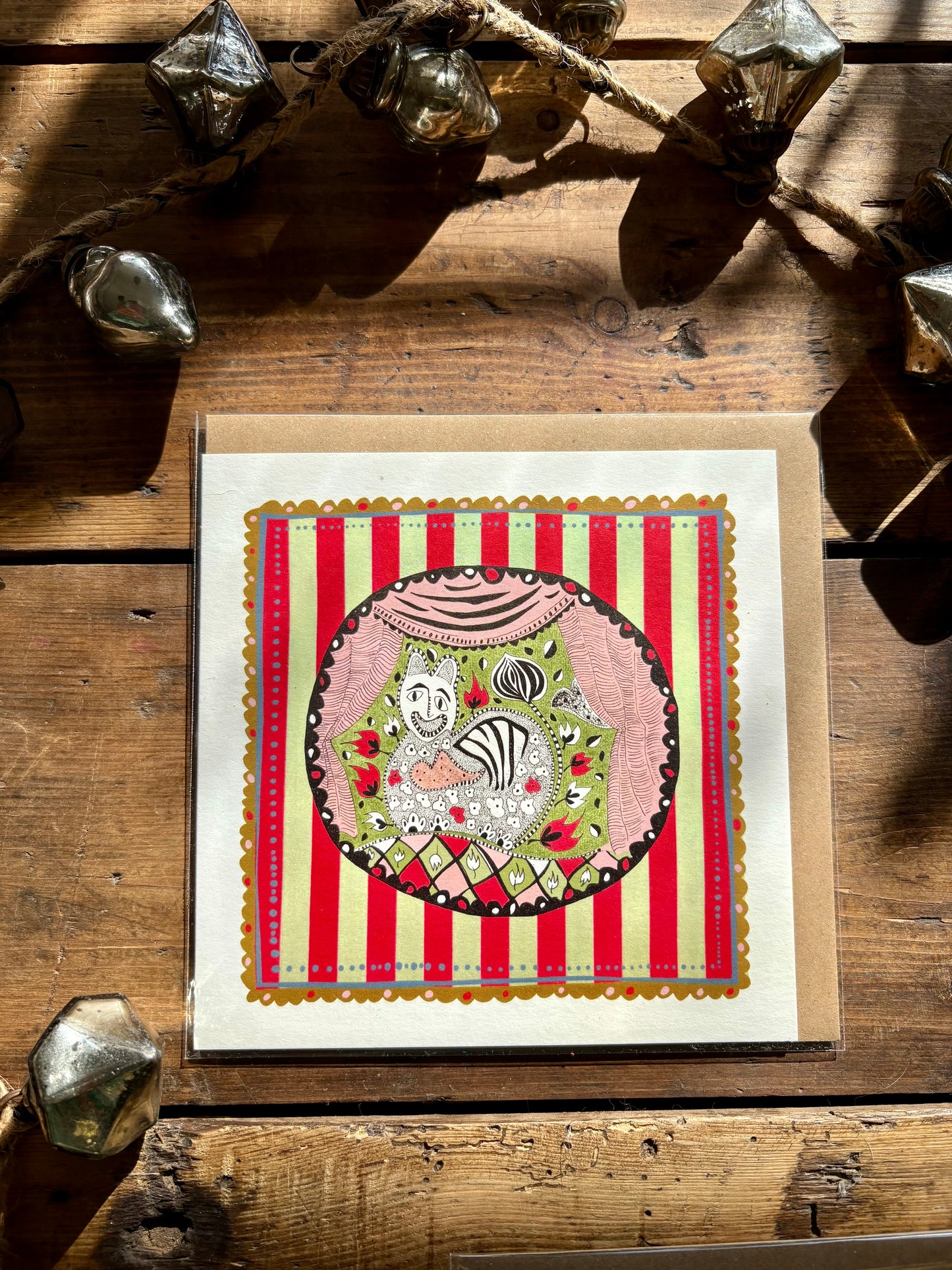 Illustrated Greetings Card (blank inside) with Kraft Brown Envelope (145mm x 145mm) - Xmas Purr-fection