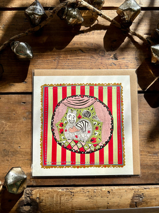 Illustrated Greetings Card (blank inside) with Kraft Brown Envelope (145mm x 145mm) - Xmas Purr-fection