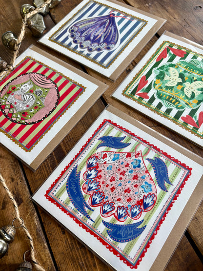 Pack of 5 - Illustrated Greetings Card (blank inside) with Kraft Brown Envelope (145mm x 145mm) - Red Baubles