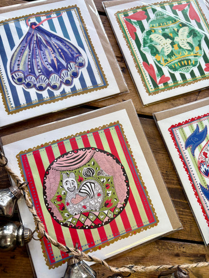 Illustrated Greetings Card (blank inside) with Kraft Brown Envelope (145mm x 145mm) - Xmas Purr-fection