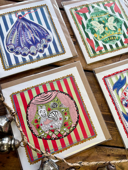 Pack of 5 - Illustrated Greetings Card (blank inside) with Kraft Brown Envelope (145mm x 145mm) - Green Baubles