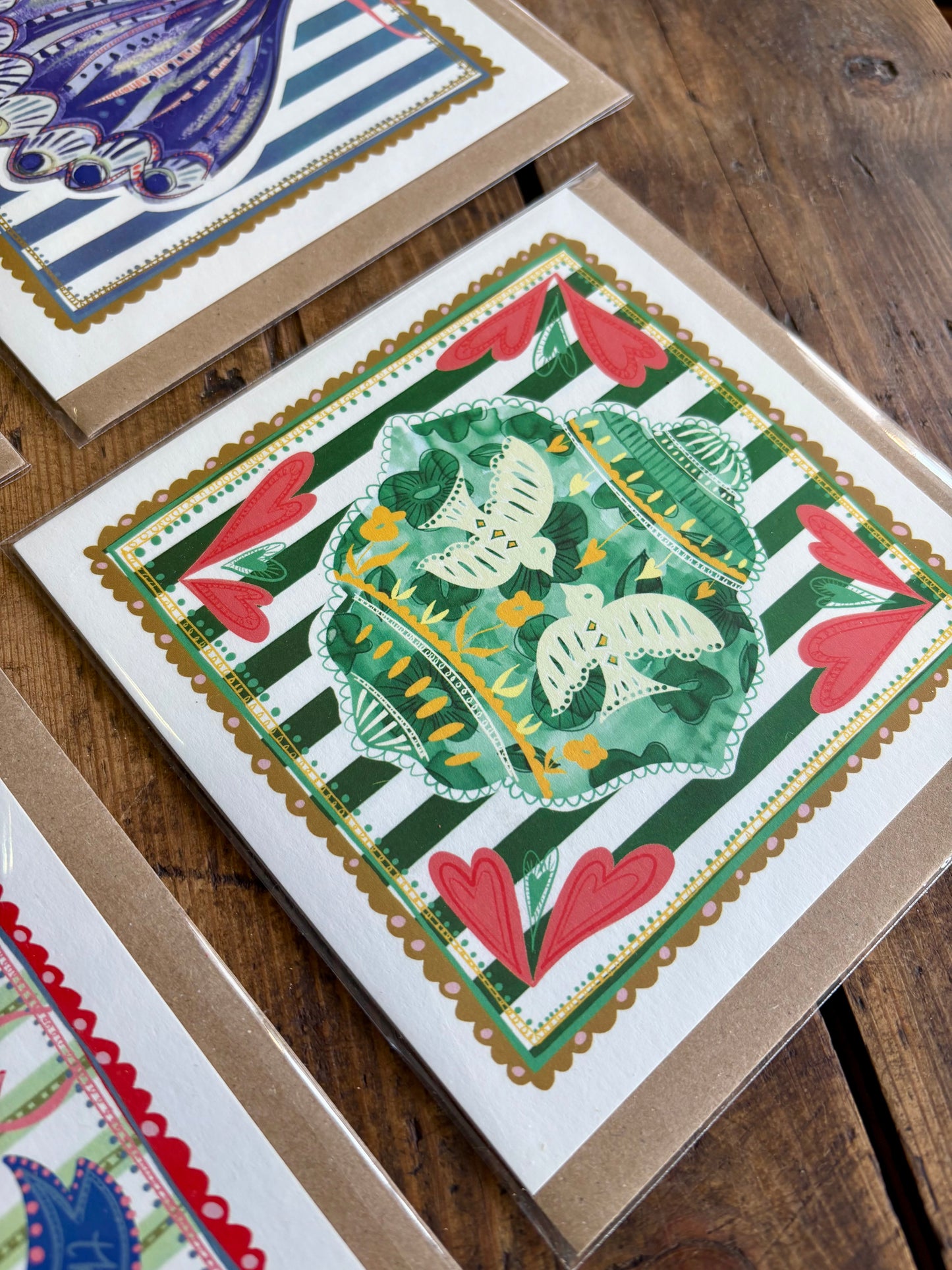 Pack of 5 - Illustrated Greetings Card (blank inside) with Kraft Brown Envelope (145mm x 145mm) - Green Baubles