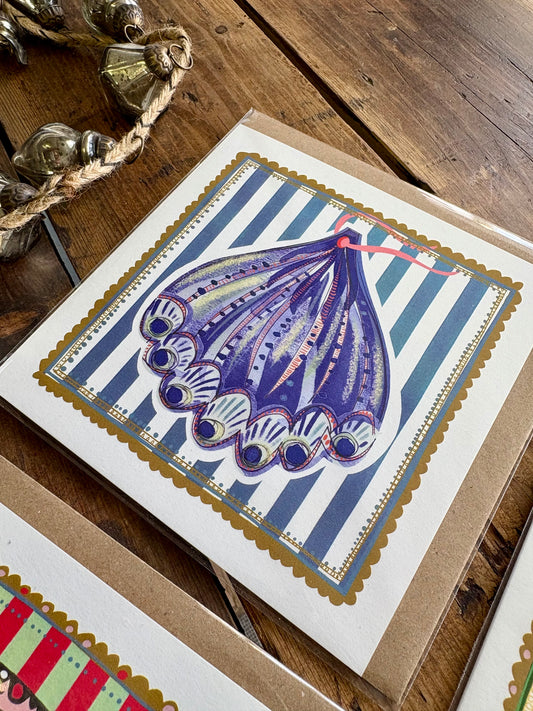 Pack of 5 - Illustrated Greetings Card (blank inside) with Kraft Brown Envelope (145mm x 145mm) - Blue Baubles (Copy)