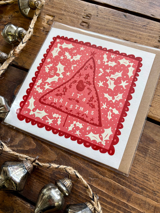 Pack of 5 - Illustrated Greetings Card (blank inside) with Kraft Brown Envelope (145mm x 145mm) - It’s Christmas (tree and robin)