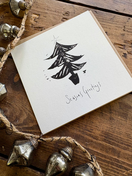 Illustrated Greetings Card (blank inside) with Kraft Brown Envelope (145mm x 145mm) - Seasons Greetings (black)