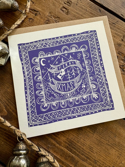 Pack of 5 - Illustrated Greetings Card (blank inside) with Kraft Brown Envelope (145mm x 145mm) - Merry Xmas (purple)