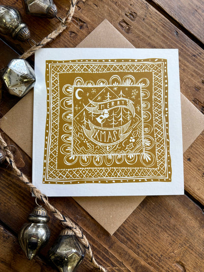 Illustrated Greetings Card (blank inside) with Kraft Brown Envelope (145mm x 145mm) - Merry Xmas (gold)
