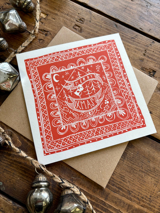 Illustrated Greetings Card (blank inside) with Kraft Brown Envelope (145mm x 145mm) - Merry Xmas (orange)