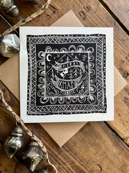 Pack of 5 - Illustrated Greetings Card (blank inside) with Kraft Brown Envelope (145mm x 145mm) - Merry Xmas (black)