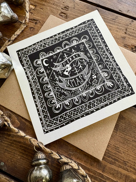 Pack of 5 - Illustrated Greetings Card (blank inside) with Kraft Brown Envelope (145mm x 145mm) - Merry Xmas (black)