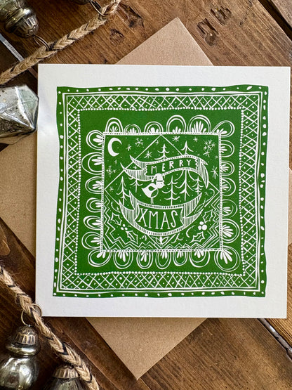 Pack of 5 - Illustrated Greetings Card (blank inside) with Kraft Brown Envelope (145mm x 145mm) - Merry Xmas (Green)