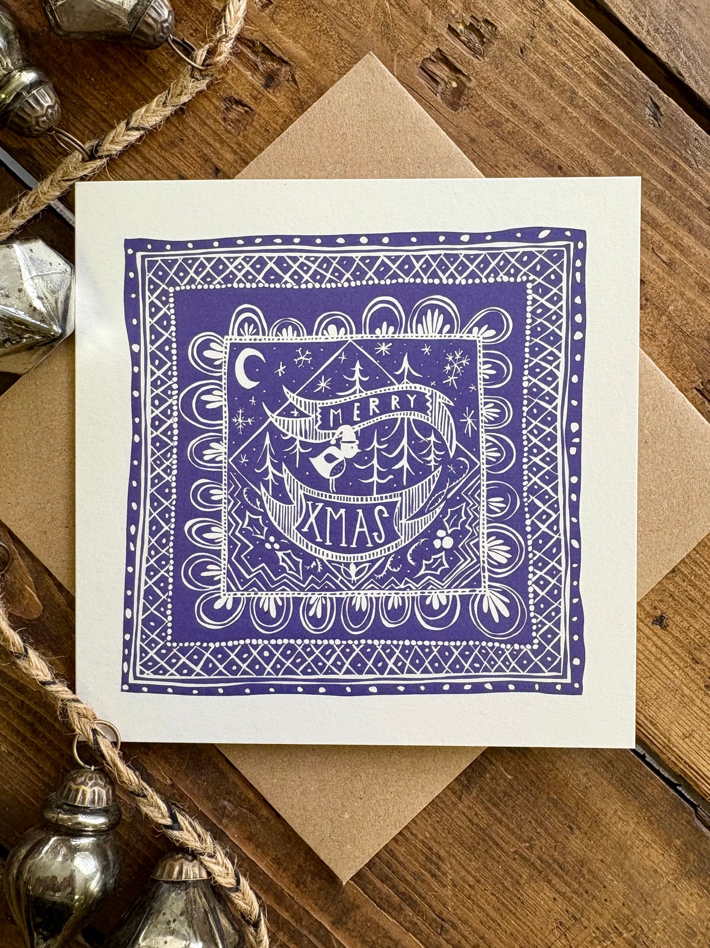 Pack of 5 - Illustrated Greetings Card (blank inside) with Kraft Brown Envelope (145mm x 145mm) - Merry Xmas (purple)