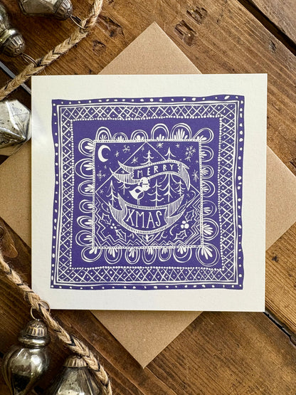 Pack of 5 - Illustrated Greetings Card (blank inside) with Kraft Brown Envelope (145mm x 145mm) - Merry Xmas (purple)