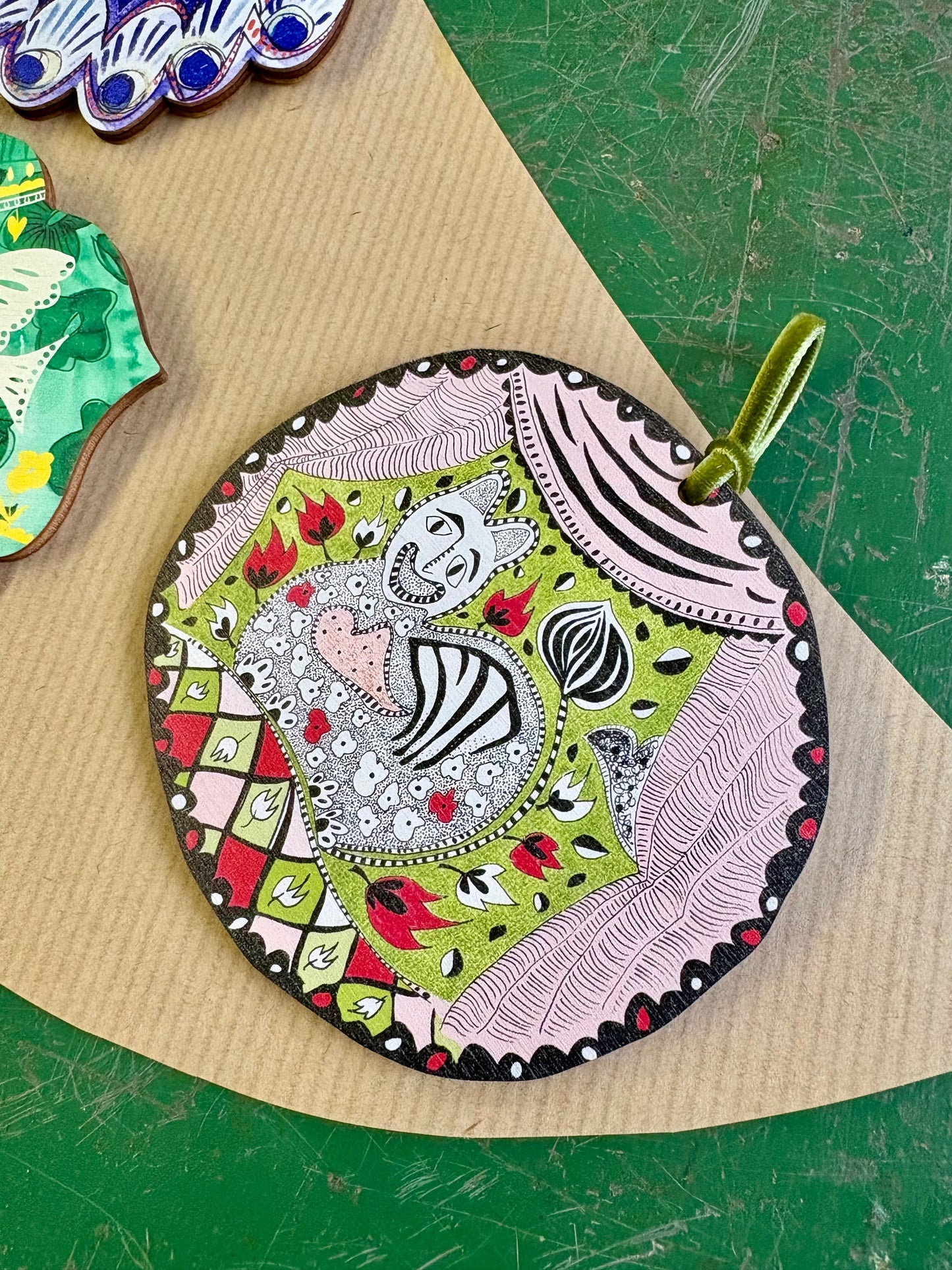 Wooden Hanging Decoration with olive green velvet ribbon - Meow Bauble