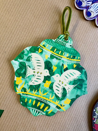 Wooden Hanging Decoration with olive green velvet ribbon - Green Bauble