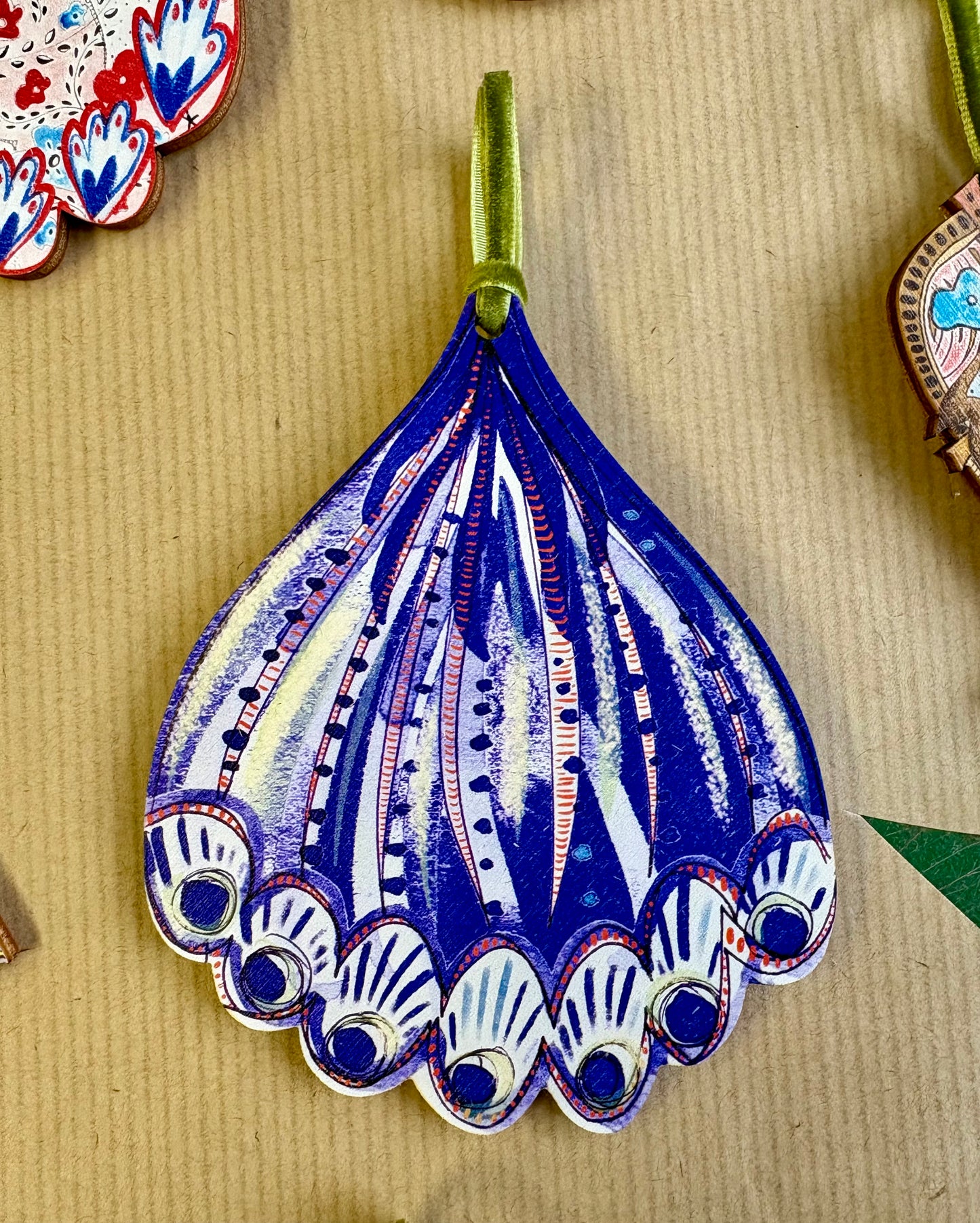 Wooden Hanging Decoration with olive green velvet ribbon - Blue Bauble