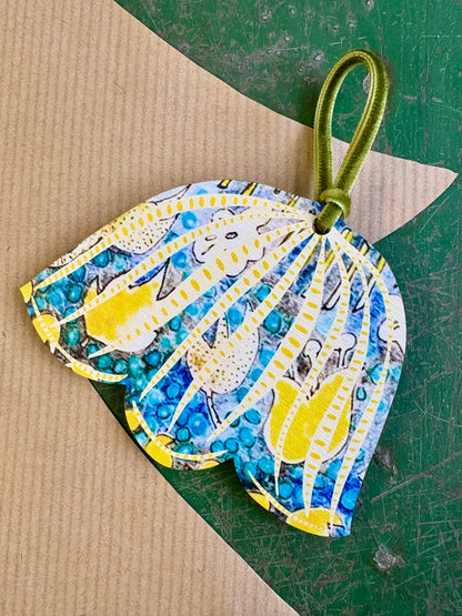 Wooden Hanging Decoration with olive green velvet ribbon - Yellow Bauble