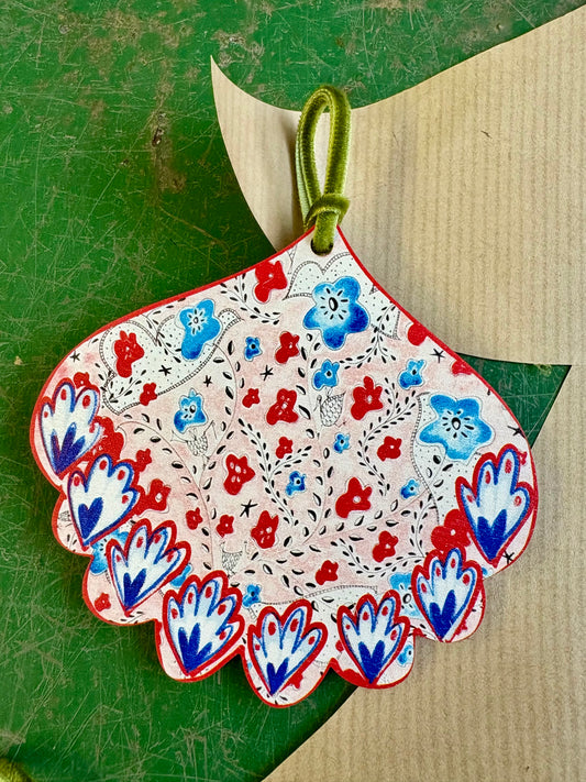 Wooden Hanging Decoration with olive green velvet ribbon - Red Bauble