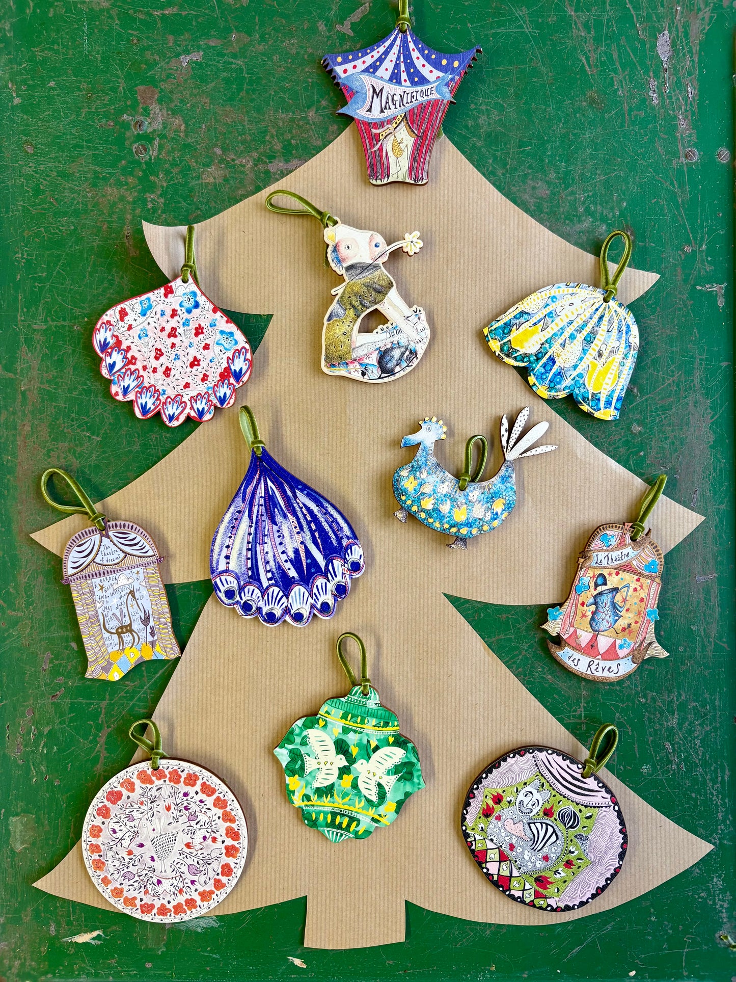 Wooden Hanging Decoration with olive green velvet ribbon - Green Bauble