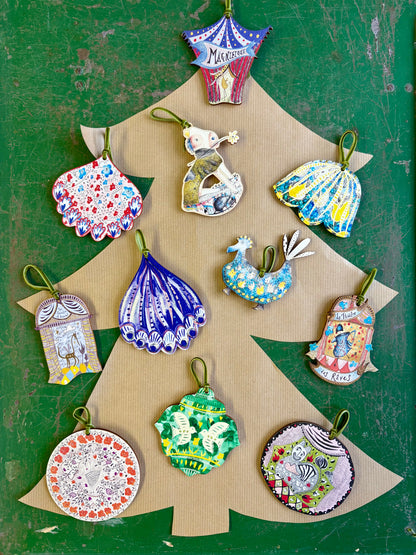 Wooden Hanging Decoration with olive green velvet ribbon - Green Bauble