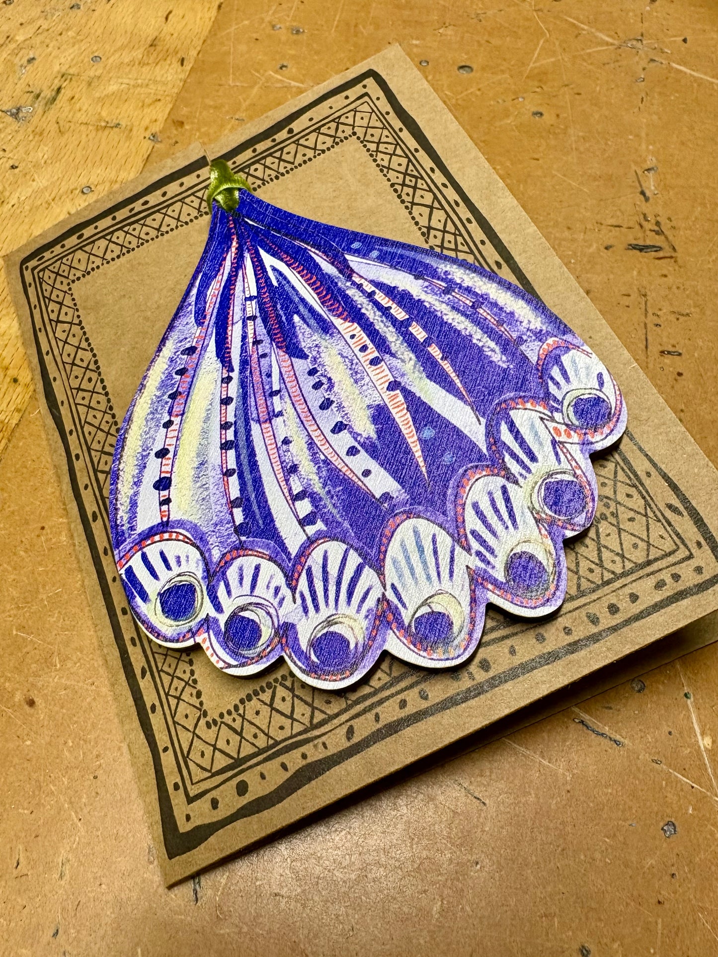 Wooden Hanging Decoration with olive green velvet ribbon - Blue Bauble