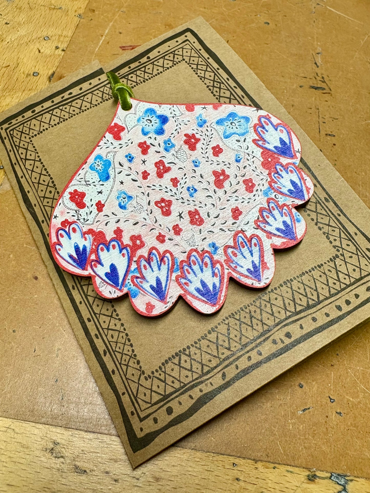 Wooden Hanging Decoration with olive green velvet ribbon - Red Bauble