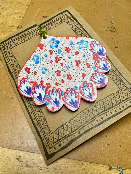 Wooden Hanging Decoration with olive green velvet ribbon - Red Bauble