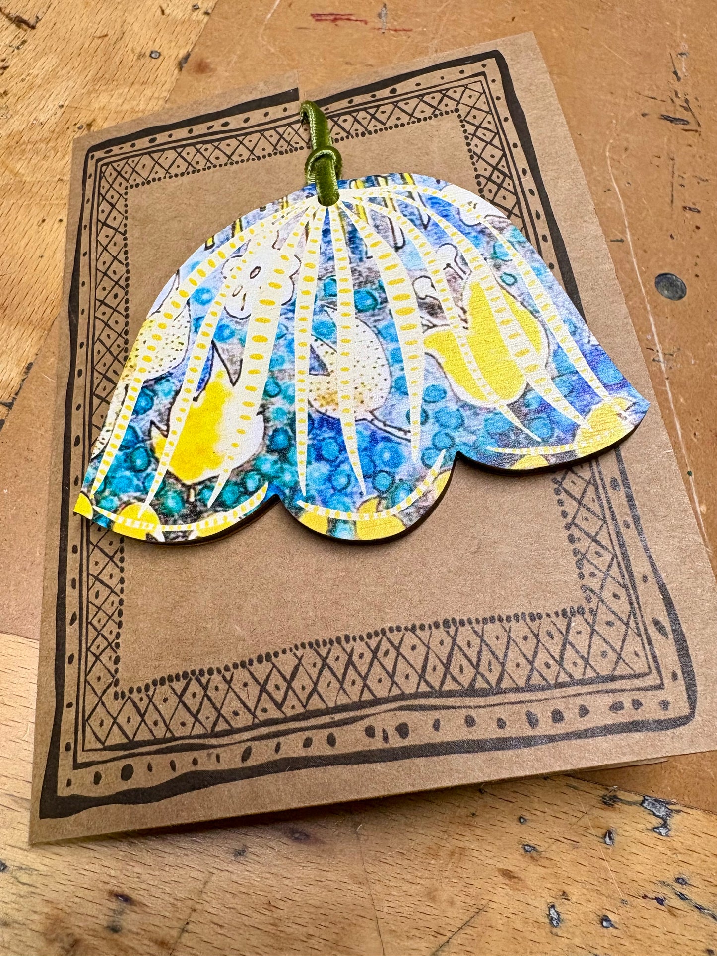 Wooden Hanging Decoration with olive green velvet ribbon - Yellow Bauble