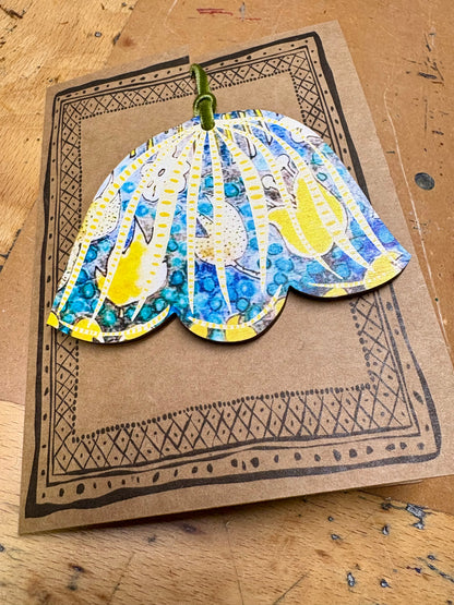 Wooden Hanging Decoration with olive green velvet ribbon - Yellow Bauble