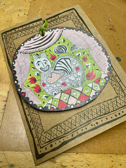 Wooden Hanging Decoration with olive green velvet ribbon - Meow Bauble