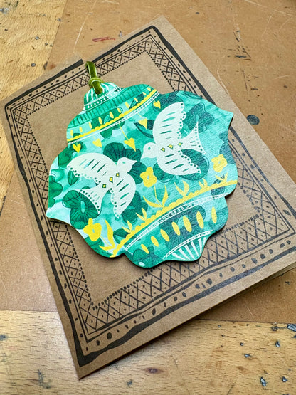 Wooden Hanging Decoration with olive green velvet ribbon - Green Bauble