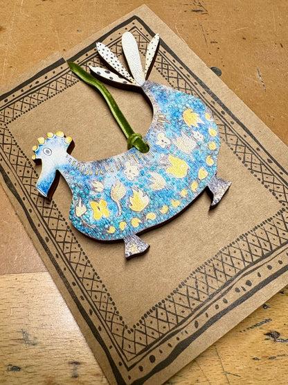 Wooden Hanging Decoration with olive green velvet ribbon - Tweet Tweet